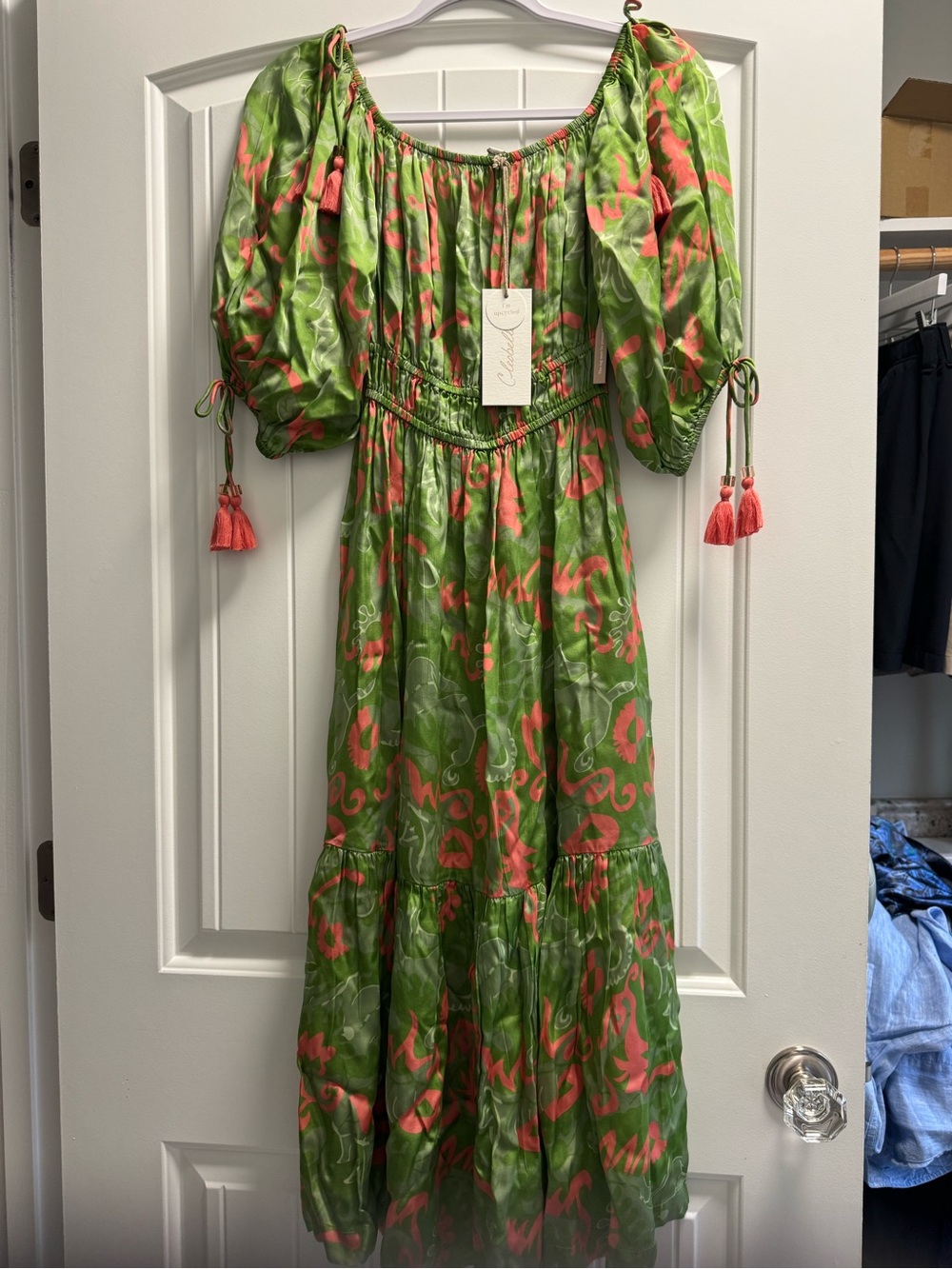Cleobella Green and Coral Floral Puff-Sleeve Maxi Dress